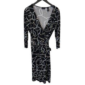 New York and Company Chain Print Wrap Dress Sz XL 3/4 Sleeve Black White Career